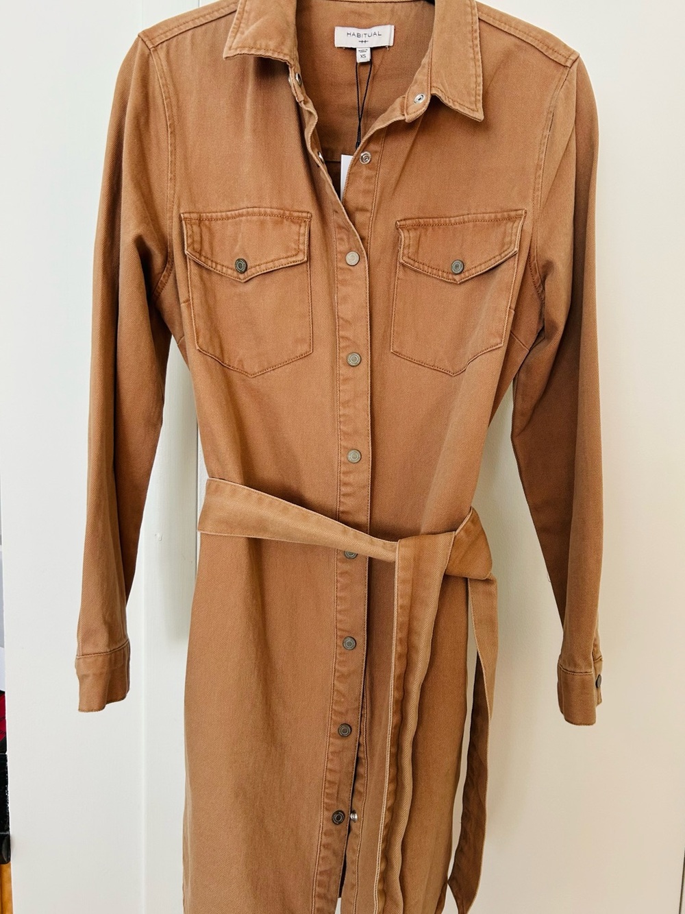 Habitual Chest-Pocket Long Sleeve Shirt Dress in Camel